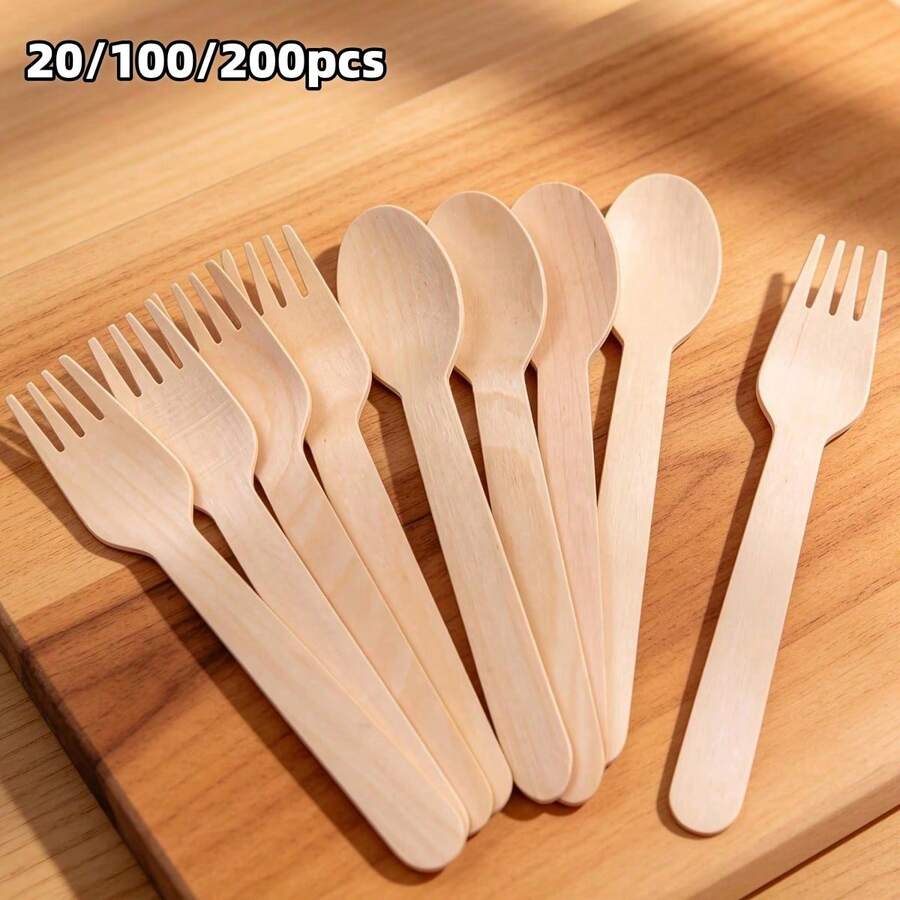 50/100/200件組木製叉子與湯匙套裝，木製餐具，可堆肥餐具，適用於派對、野餐、露營、婚禮、旅行、居家與廚房使用，塑膠替代品，適用於食物、沙拉、麵條、甜點－木湯匙/木叉