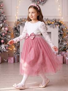 Young Girl Long Sleeve Lace Contrast Mesh Detachable Big Bow Flower Girl Wedding Party Evening Gown - Rusty Rose - View 9