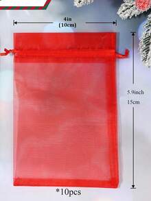 10/20/50PCS Christmas Organza Gift Bags, 4x6 Inch Red And Dark Green Drawstring Mesh Bags For Candy, Jewelry, Wedding Favors, Party Gift Wrapping - red green - View 13
