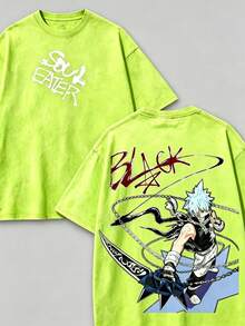 Soul Eater - Black Star Anime Washed T-Shirt, Double-Sided Cotton, Unisex Design, Japanese Manga Merchandise, Men's T-Shirt - 螢光綠2 - 查看 2