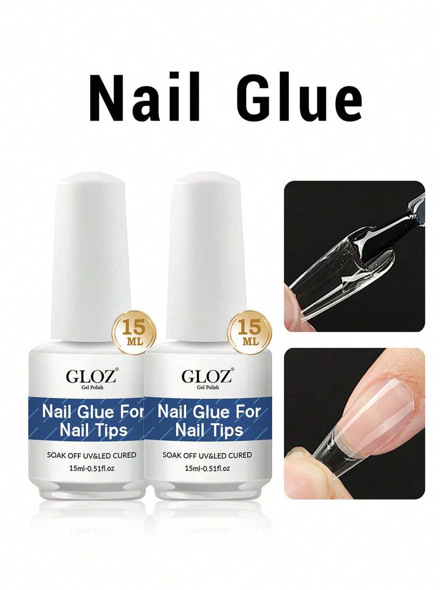 GLOZ 2件 15ml 超強力指甲膠,適用於壓克力指甲、指甲尖、貼片假指甲,沙龍級刷式指甲膠,易於使用,持久耐用 - 無色 - 查看 1