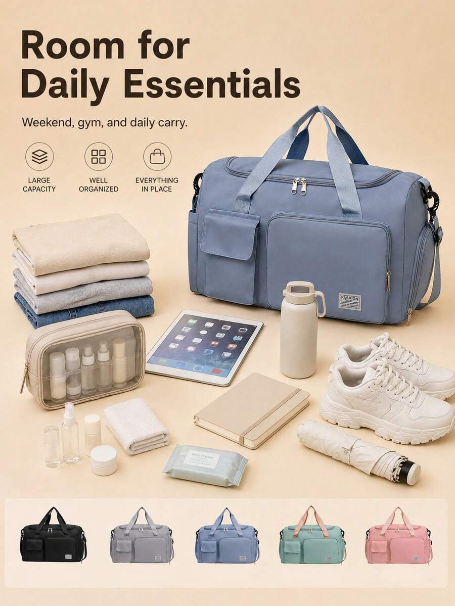 Seka Paul Portable Zipper Handbag,Foldable Travel Storage Bag,Simple Weekend Short Distance Travel Bag,Suitable For Fitness,Short Distance Traveland Storage Use - Blue - View 1