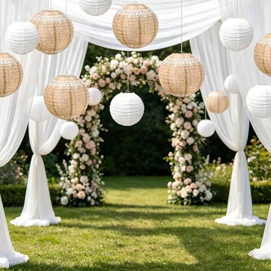 6pcs Wedding White Lace Brown Pattern Lantern Decorations, Suitable For Wedding Scene Setup, Engagement Outdoor Scene Setup, Beach Weddings, And Garden Party Decorations - Multicolor - View 1