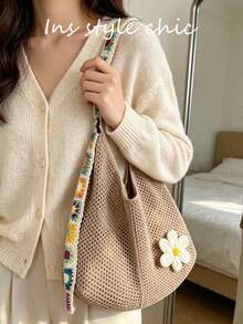 Crochet Flower Decor Colorful Square Crochet Strap Knit Shoulder Bag Open Closure Spacious Convenient Access Suitable For Travel Vacation Outing Commute Shopping - Light Khaki - View 7