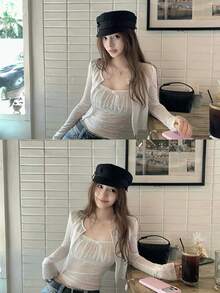 Early Autumn Elastic Lace Jacquard Cardigan & Camisole 2 Pieces Set For Women - White - View 5