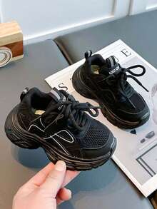 Kids' Spring/Autumn Breathable Mesh Chunky Sneakers, Pure Black Versatile Hook & Loop Thick Sole Cushioned Casual Sports Sneakers For Boys And Girls - Black - View 5