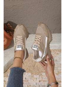 Women's Thick Sole Sports Shoes, Contrast Color Design, Lightweight Lace-Up Casual Running Shoes, Suitable For Daily Wear. - Khaki - View 9