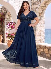 Gaun Malam Panjang Elegan untuk Musim Panas, Berkerah V, Berpayet, Motif Bunga Renda, Lengan Kupu-kupu, Warna Kontras, Pinggang Berkerut, dan Hem Chiffon Berkerut - Navy Blue - View 4