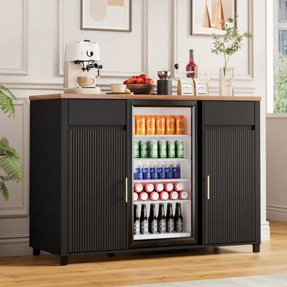 53.2" Large Coffee Bar Cabinet With Fridge Space, Mini Fridge Cabinet With Storage Cabinets , Modern Accent Coffee Bar Console Table With Sliding Door And Fluted CabinetFor Kitchen, Liquor Wine Bar Cabinet For Entryway, Kitchen, Living Room, Black