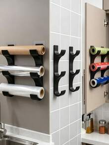 2pcs/1pc Self-Adhesive Wall-Mounted 3-In-1 Kitchen Paper Towel, Plastic Wrap, Aluminum Foil Holder, Max Roll Diameter 50mm, Space-Saving Cabinet Door/Tile Storage Box, Non-Damaging Kitchen Organizer - Multicolor - View 3