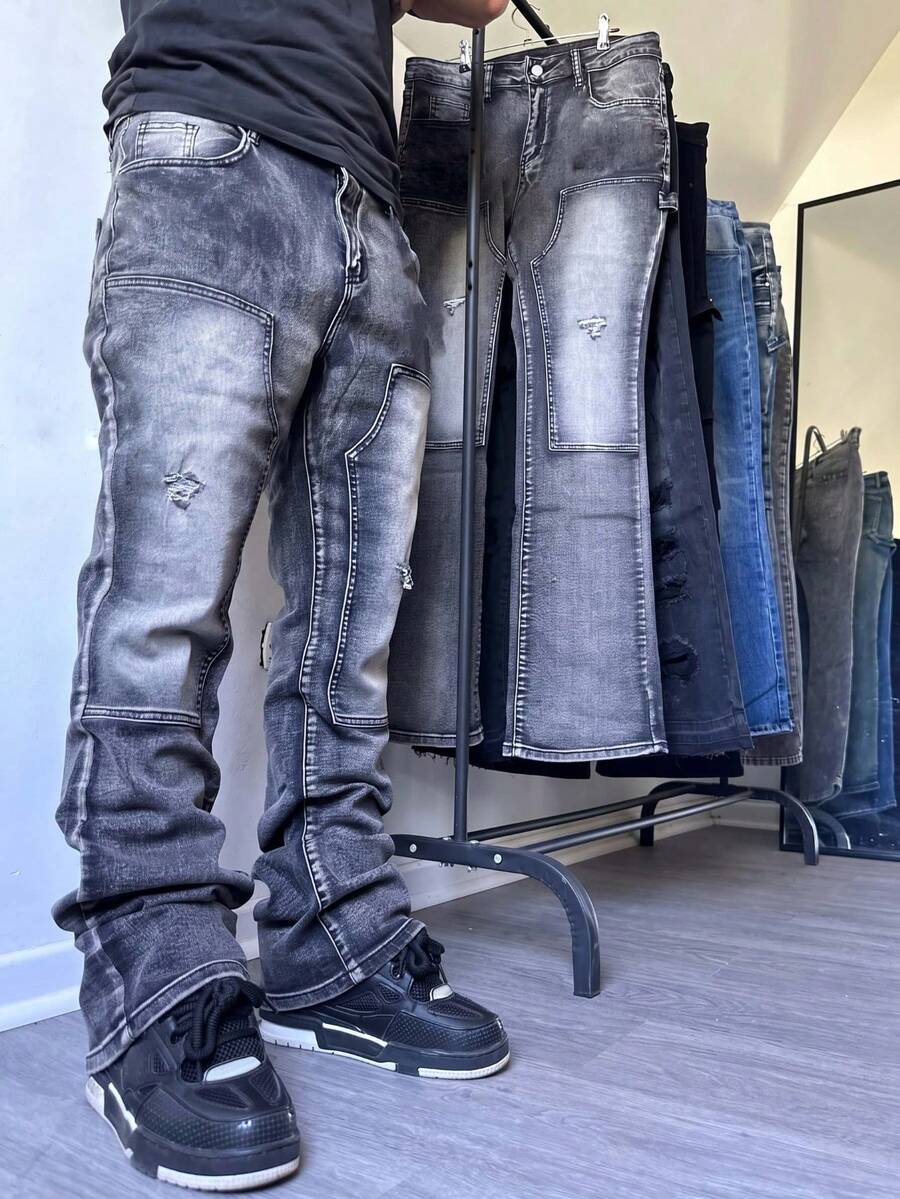 Celana Jeans Denim Hitam Model Flare dengan Motif Patchwork, Celana Jeans Denim Flare Gaya Jalanan, Celana Jeans Denim Flare yang Cocok untuk Semua Musim - Hitam - View 1