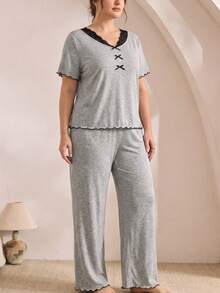 Plus Size Women's Casual V-Neck Lace Patchwork Bow Pajama Set, Frill Trim Loungewear, Comfortable And Breathable - Light Grey - View 6