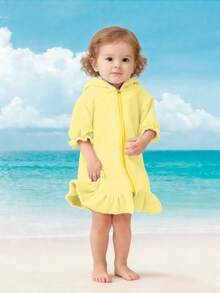 SHENG CHUN 1pc Girls' Hooded Zip-Up Swim Cover-Up, Cute Puff Sleeve With Skirt, Available In Multiple Ages, Absorbent Towel Fabric, Suitable For Toddlers And Children, Essential For Home, Swimming, And Bathing - Yellow - View 12