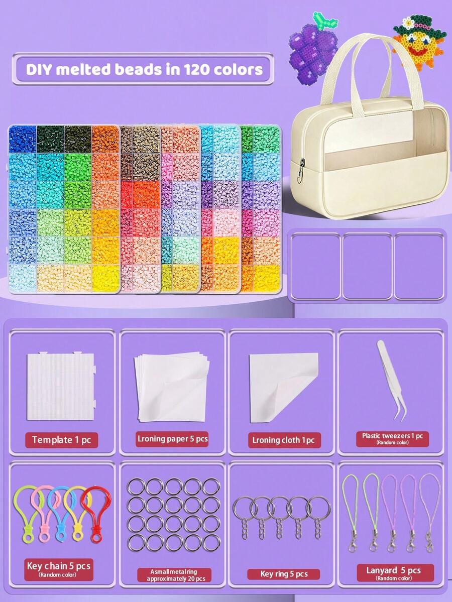 24/48/72/96/120 Colors Perler Beads Handmade Adult DIY, Fuse Beads Set, Includes Storage Bag, Tweezers, Square Plate, Ironing Paper, Colorful Keychain Decorative Accessories And Hanging Rope, Suitable For DIY Puzzle Handmade Jewelry, Birthday Party Handmade Enthusiast Gift, Back To School Handmade Gift, Holiday Gift - 2.6mm Perler Bead Set - View 1