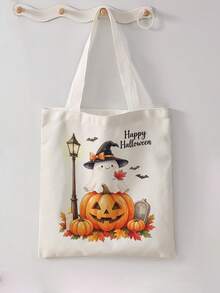 1 buah Tas Tote Kanvas Motif Hantu Kartun Halloween, Tas Bahu Genggam Kapasitas Besar, Tas Belanja yang Dapat Digunakan Kembali untuk Pesta Halloween, Membawa Buku Sehari-hari - MultiWarna - View 2