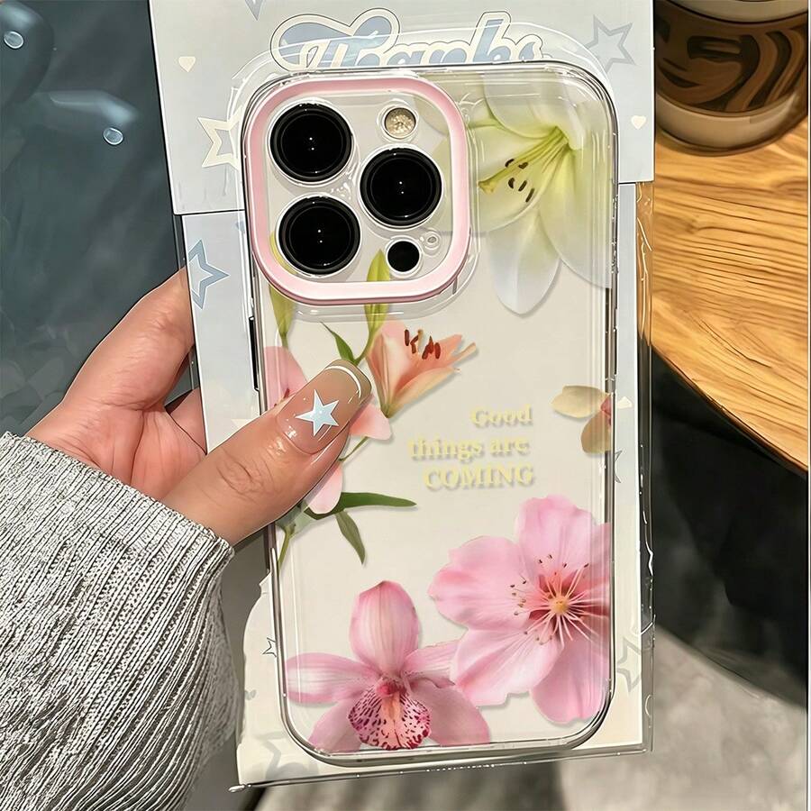 1件裝 粉色蝴蝶花卉圖案 新款個性化 2合1 透明全包覆 TPU 防摔時尚手機殼，適用於 iPhone 11 12 13 14 15 16 17 Pro Max - 彩色 - 查看 1