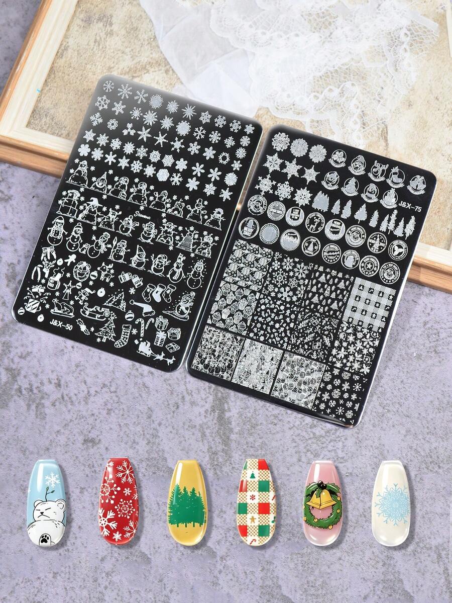 2件組不鏽鋼美甲模板聖誕雪花雪人滿版印花美甲轉印模板DIY美甲工具 - 銀色 - 查看 1