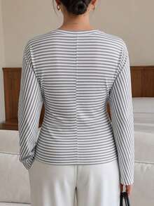 Women's Plus-Size Striped Long-Sleeve T-Shirt With A Crew Neck, Stretchy Fabric, And A Regular Fit. Perfect For Everyday Wea - Multicolor - View 2