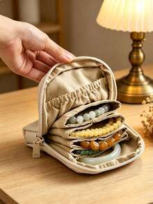 1pc Foldable Jewelry Storage Box, Travel Jewelry Bag, Portable PU Storage Bag, Practical Travel Jewelry Organizer, Cosmetic Storage Bag, Storage Pouch, Card & Coin Holder, This Leather Travel Jewelry Organizer Features Multiple Flap Compartments, Side Drawstring Pocket, Separate Storage For Bracelets To Prevent Tangling, Scratching And Wear - Multicolor - View 1