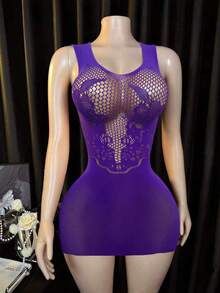Plus Size Hollow Out Backless Fitted Mini Sexy Lingerie Dress - Purple - View 3