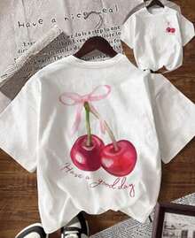 Women's Casual Short Sleeve Round Neck Cherry Print T-Shirt For Summer - 白色 - 查看 3