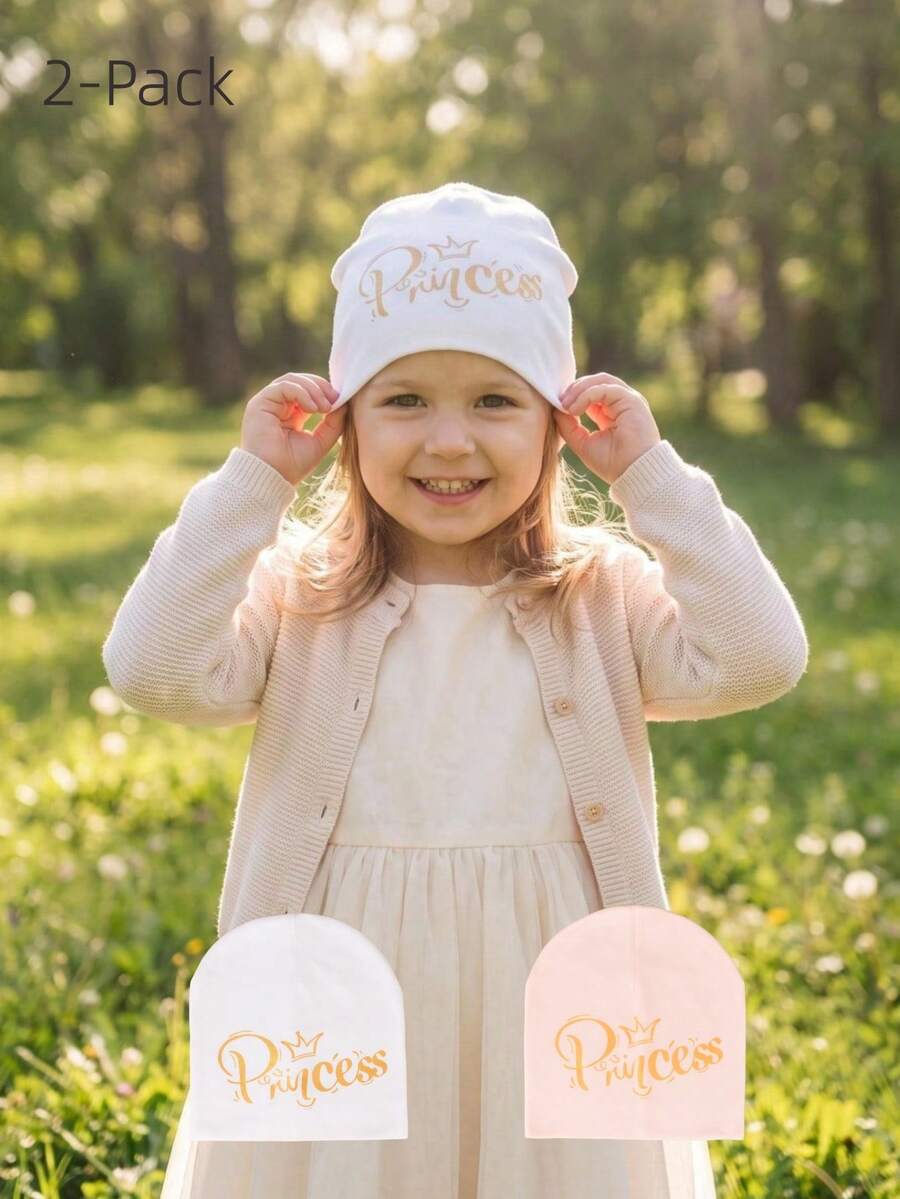 2 Peças Gorro de Algodão Quente com Estampa de Letra de Princesa em Folha para Bebê Menina, Uso Diário em Casa & Ao Ar Livre, Todas as Estações - Multicolorido - Visão 1