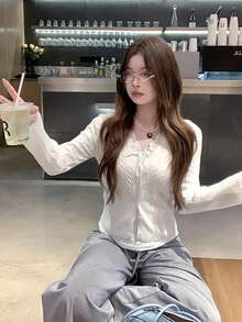 V-Neck Long Sleeve Cable Knit Cardigan - White - View 1