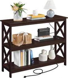 Mesa consola con toma de corriente, mesa de sofá estrecha de 3 niveles con estantes de almacenamiento, mesa de entrada de madera, mesa auxiliar para sala de estar, pasillo, entrada - Café integral - Ver 1