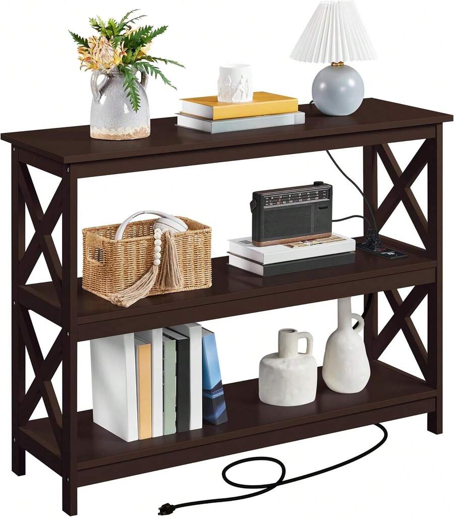 Mesa consola con toma de corriente, mesa de sofá estrecha de 3 niveles con estantes de almacenamiento, mesa de entrada de madera, mesa auxiliar para sala de estar, pasillo, entrada - Café integral - Ver 1