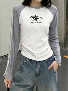 Kaos Lengan Panjang Raglan Sporty dengan Garis Kontras Kasual - Light Grey - View 6