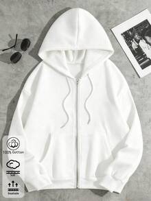 Women's Cotton Top, Basic Loose Zip-Up Hoodie, Soft Breathable Drop Shoulder Long Sleeve Sweatshirt For Spring And Autumn - White - View 3