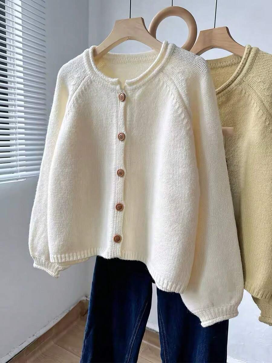 Women's New Autumn Button Lantern Sleeve Knit Cardigan Loose Sweater For Outdoor And Date Wear - White - View 1