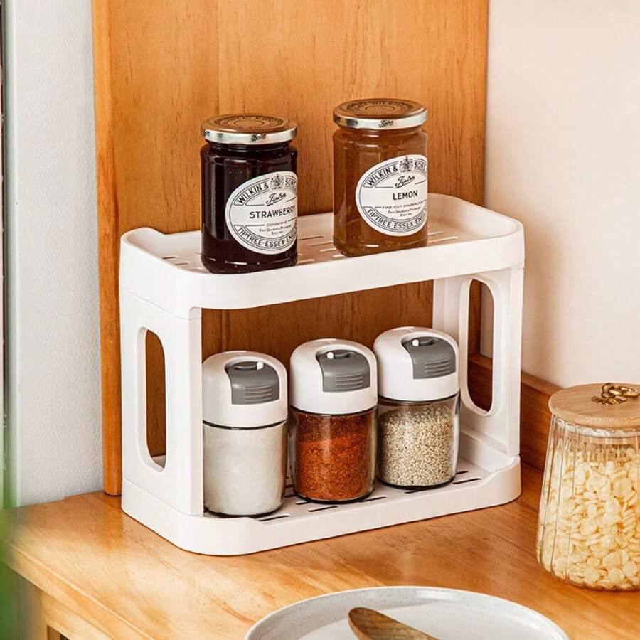 Double-Layer Desktop Storage Rack, Multi-Functional Organizer Shelf Suitable For Kitchen, Bathroom, Vanity And Office Desk, Space-Saving Countertop Storage Device, Suitable For Storing Spices, Cosmetics And Stationery - White - View 1