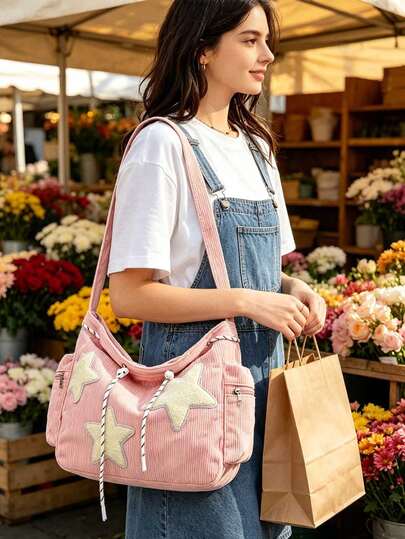 Y2K Style Star Print Corduroy Tote Bag / Vintage Niche Crossbody Messenger Bag / Sweet Versatile Casual Shoulder Bag / Pink Corduroy Star-Shaped Shoulder Bag (With Matching Pencil Case), Large Capacity Drawstring Casual Tote Crossbody Bag, Multi-Pocket Zipper Cosmetic And Stationery Storage Bag, Soft And Lightweight Daily Storage Bag - Suitable For Students' Daily Commute, School And Travel Practical Carry-On Bag, Applicable For Back To School Season, Halloween, Teacher's Day, Holiday Travel, Campus Office And Outdoor Daily Use