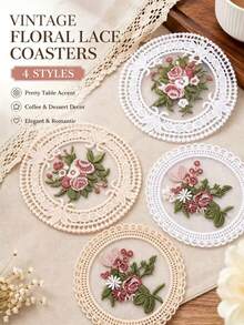 1pc Vintage Floral Lace Coaster Set, Romantic Embroidered Coasters, Coffee Table Decor - Multicolor - View 5