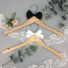 2 Packs Bride And Groom Wedding Wooden Hanger Set, With Ribbon Decoration, For Wedding Dresses, Suits And Strapless Dresses, - Coat Hanger - View 5