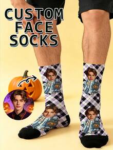 1 Pair Of Custom Socks, Smiling Face Custom Socks, Halloween, Plaid, Fun Socks, Birthday Gift, Wedding Gift, Friend Gift, Family Socks, Holiday - Multicolor - View 4