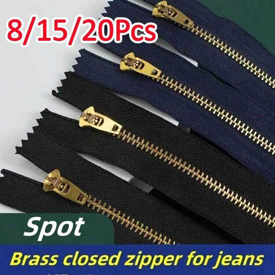 8/15/20Pcs #3 Closed End Brass Zipper, Copper Teeth Jeans Clothing Pants Zipper, Self-Locking