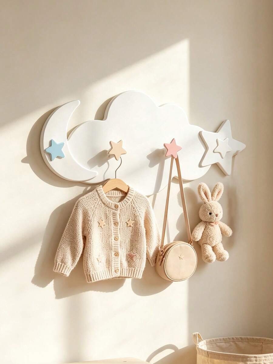 1pc Cloud Shaped 4-In-1 Moon & Star Wall Hook, Multicolor Decorative Wall Pegs, Adhesive Sticker, Children's Room & Nursery Decor Storage Rack - Multicolor - View 1