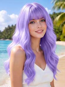 Elegant 28 Inch Light Purple Wavy Hair With Bangs, Natural And Versatile, Suitable For All Women For Parties, Balls, Carnivals And Halloween Cosplay - Light Purple - View 8