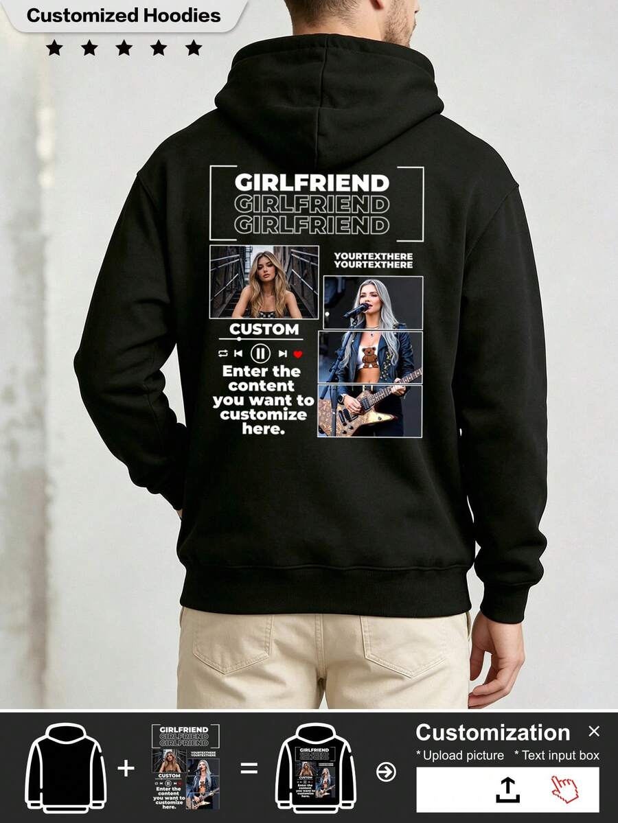 Men's Personalized Double-Sided Print Hoodie, Customizable Image Text Logo, Loose Fit Oversized Fleece Pullover, Casual Long Sleeve Sportswear, Gift For Him - Black - View 1