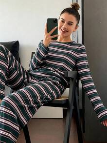 Fashion Colorblock Camisole & Shorts Pajama Set For Women, Summer Thin Ribbed Fabric 2-Piece Set, Soft Comfortable Casual Loungewear Suitable For Outdoor Wear - Multicolor - View 5