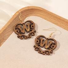 Women's Personalized Initial Wooden Earrings, Hollow Heart Daisy Flower Pattern 26 Letter Dangle Earrings - Brown - View 34