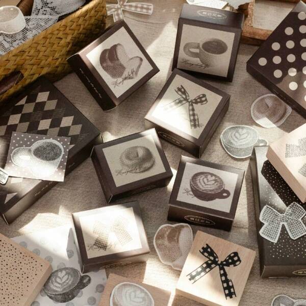 Hazy Daily Life Series Beech Wood Rubber Stamp, Bow Coffee Bread Pattern Wooden Seal, Vintage Decorative Stamp For Journal Scrapbook DIY Craft