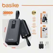 BASIKE Power Bank 30000mAh com SuperCharge 22.5W e Cabo Duplo USB-C + Lightning Integrado – Recarga Rápida para Todos os Dispositivos - Preto - Visão 1