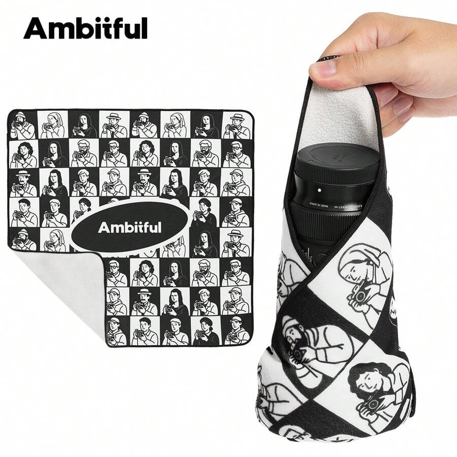 Ambitful 45*45cm 自黏式魔術包布 黑白格紋 多功能相機鏡頭清潔布，無反相機保護收納袋