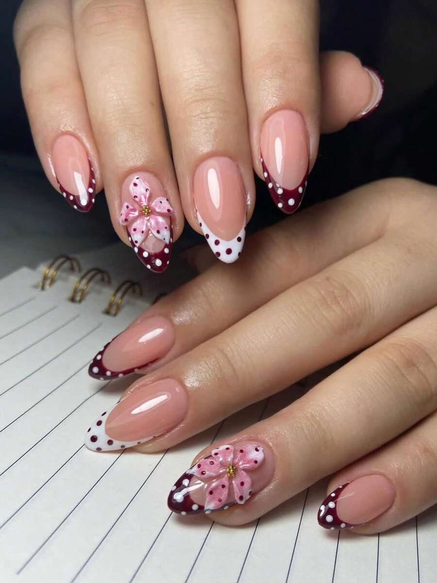 30pcs French Almond Shape Press-On Nails, Polka Dot Design, 3D Gel Flower Pattern, Decorated With 3D Steel Ball Beads, Acrylic Material. Includes 1 Sheet Jelly Glue And 1 Nail File. - Multicolor - View 1