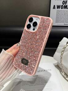 1pc Pink Skin-Feel Full Rhinestone Glitter Anti-Drop 2-In-1 Phone Case Compatible With 15promax/17promax/17ari/18pro/S25ultra - Pink - View 3