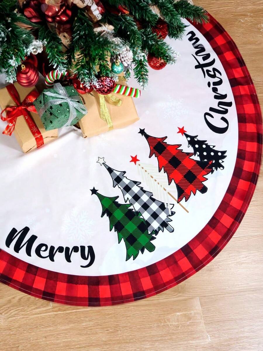 Christmas Tree Skirt, Christmas Tree Style Black And Red Plaid Polyester Christmas Tree Decorative Carpet, Large Christmas Tree Mat, Winter Holiday Christmas Tree Decoration, 2026 Christmas New Year Indoor Outdoor Decoration - Christmas - View 1