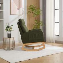 Mid‑Century Modern Teddy Fabric Rocking Chair, Ergonomic Padded Rocker Armchair With Side Storage Pocket, Solid Wood Rocking Legs For Living Room, Bedroom, Reading Nook - Green - View 2